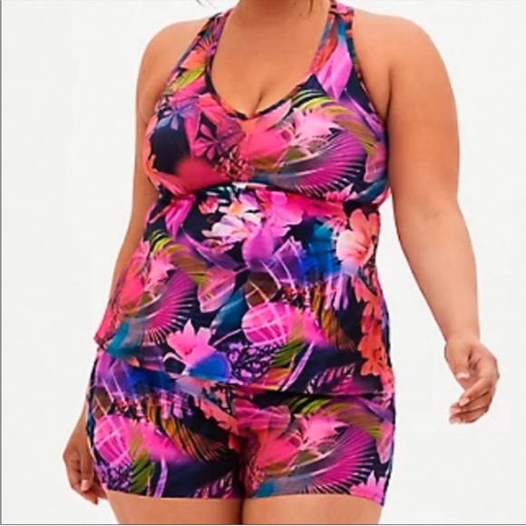 Torrid Falling Leaves tankini with shorts two piece bathing suit set, 1X/0X. - Picture 2 of 14